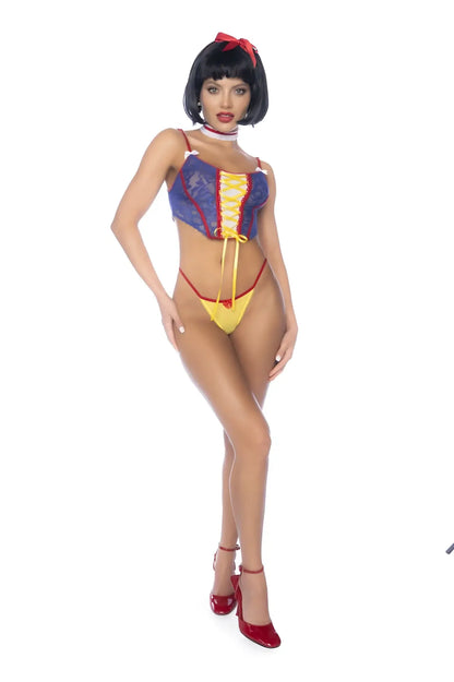 Blue and yellow lace corset top with red lacing and high-waisted bottoms from mapale 60049 poisoned apple fantasy princess costume