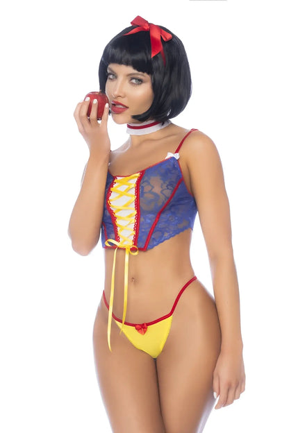 Blue and yellow lace corset top with red trim and matching thong from mapale 60049 costume poisoned apple fantasy princess