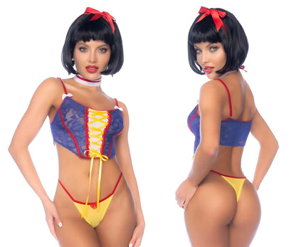 Mapale 60049 poisoned apple fantasy princess costume in blue and yellow lace with red ribbon accents as shown