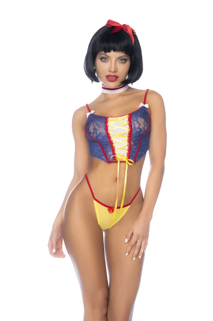 Blue and yellow lace snow white costume with red accents from mapale 60049 poisoned apple fantasy princess design