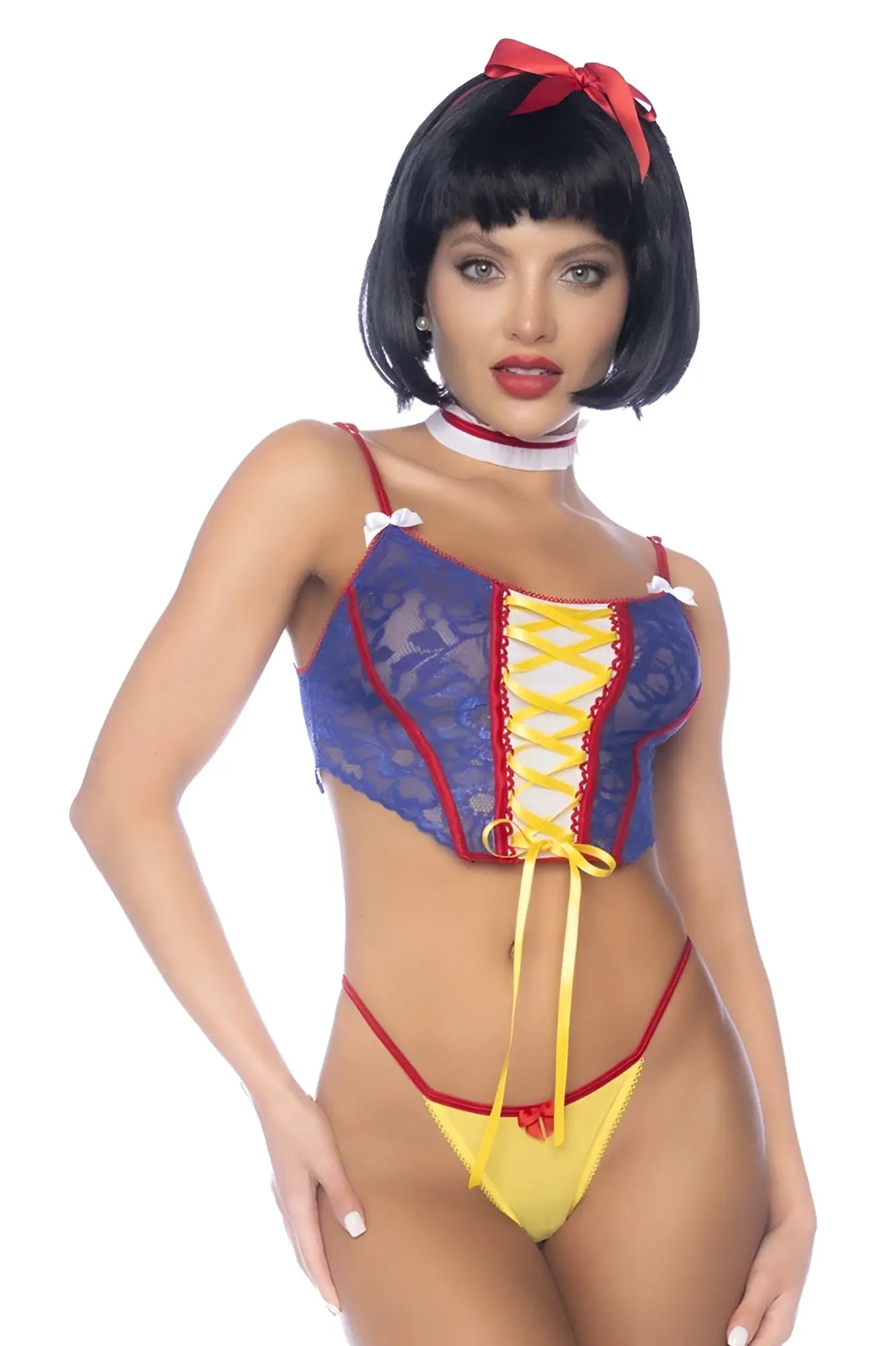 Blue and yellow lace corset top with red trim and matching lacing from mapale poisoned apple fantasy princess costume