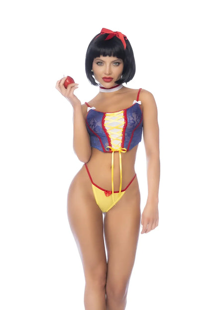 Mapale 60049 poison apple fantasy princess costume with blue lace corset and yellow bikini bottoms with red trim