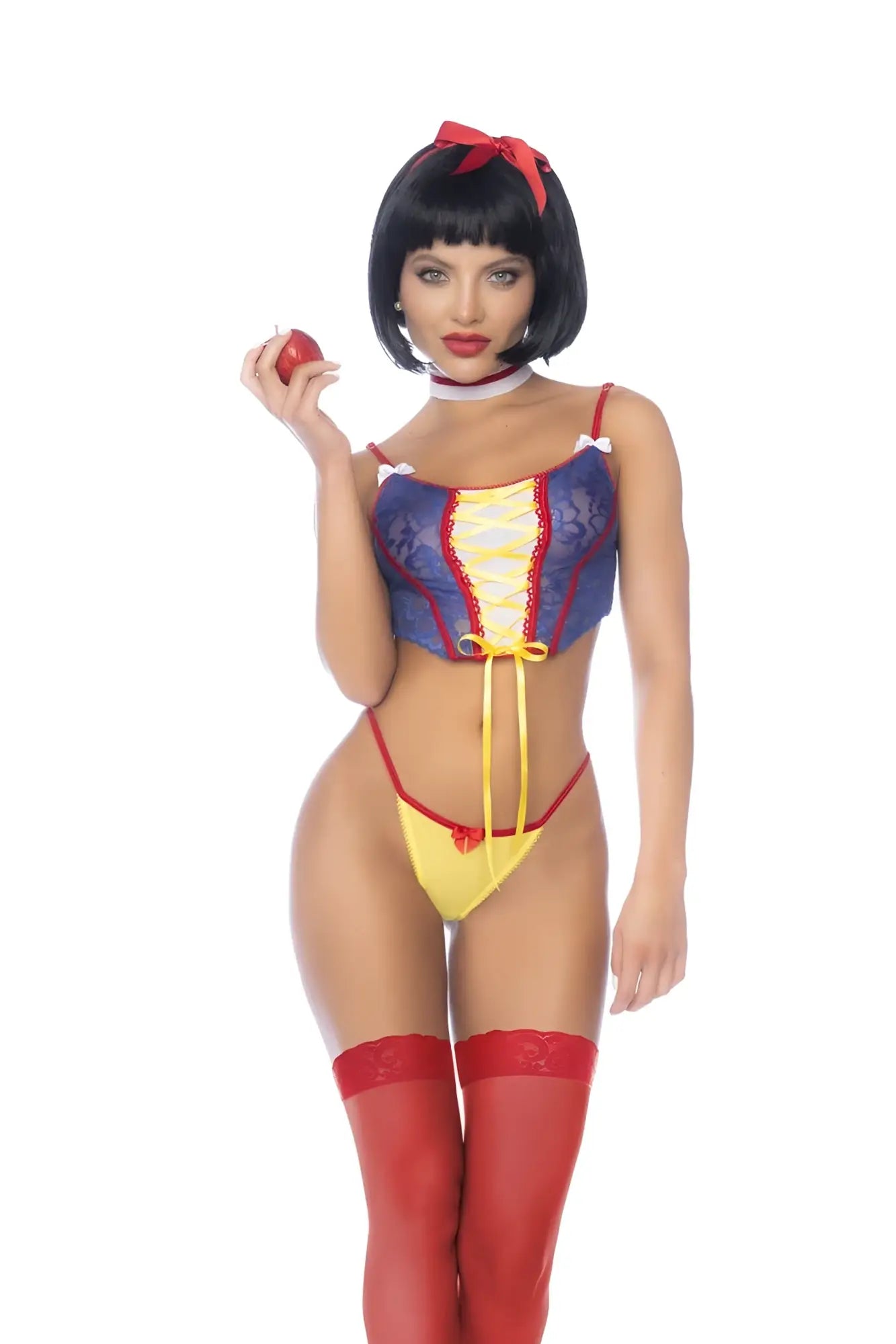 Mapale 60049 poisoned apple fantasy princess costume featuring a blue lace corset with yellow lacing and red trim with matching thigh-high stockings