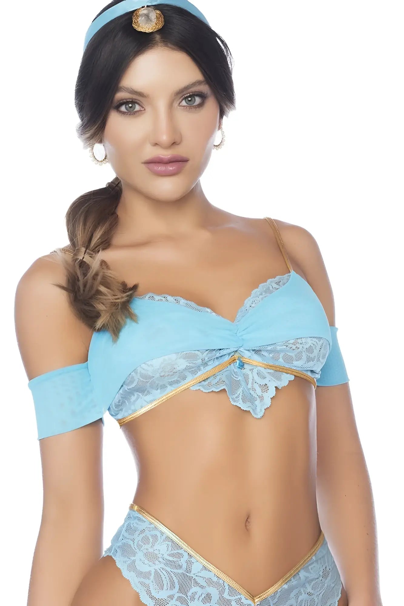 Light blue lace and satin jasmine cosplay two-piece costume with gold trim from mapale 60053 arabian night fantasy princess