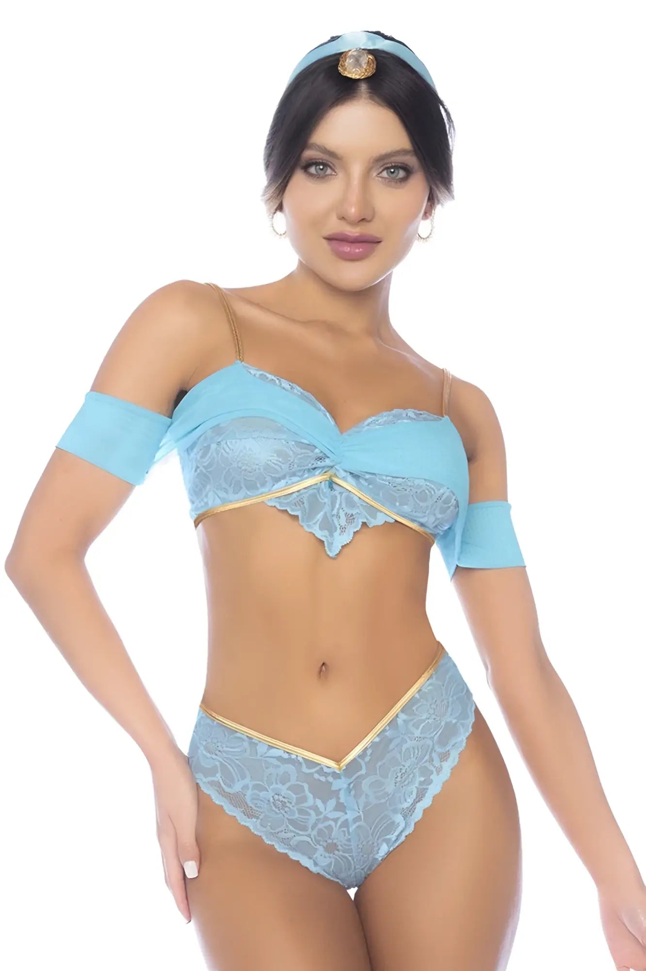 Light blue lace lingerie set with gold trim and matching headband from Mapale 60053 Arabian night fantasy princess costume