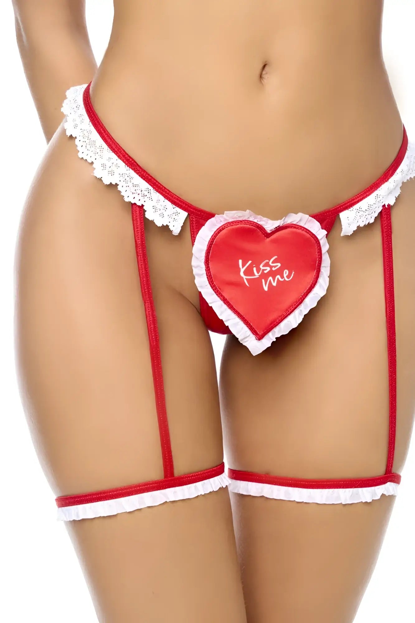 Red and white lace-trimmed heart-shaped garter belt with kiss me embroidery from mapale 60054 two piece set