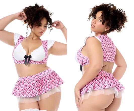 Mapale 60055X pink and black checkered schoolgirl lingerie set with white lace trim and black bow at the bust
