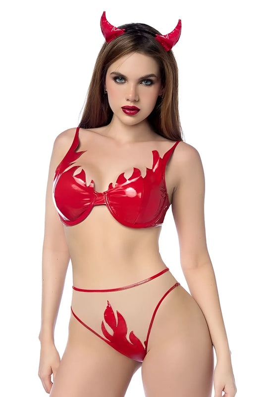 Red glossy latex devil costume set by mapale 60063 with flame cutouts and matching red horns