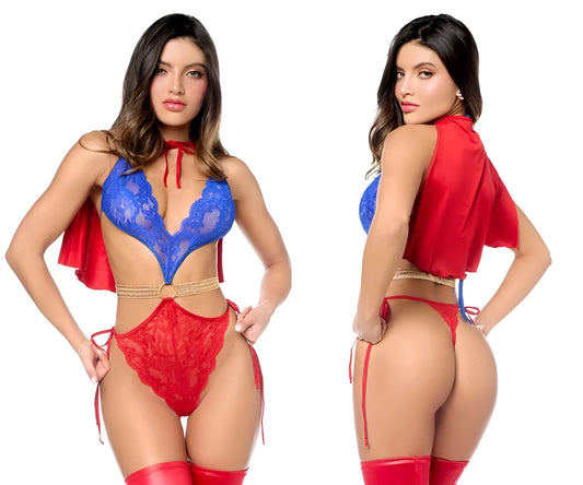 Mapale 60064 super girl lace lingerie set in blue and red with gold belt detail perfect for superhero-themed wear
