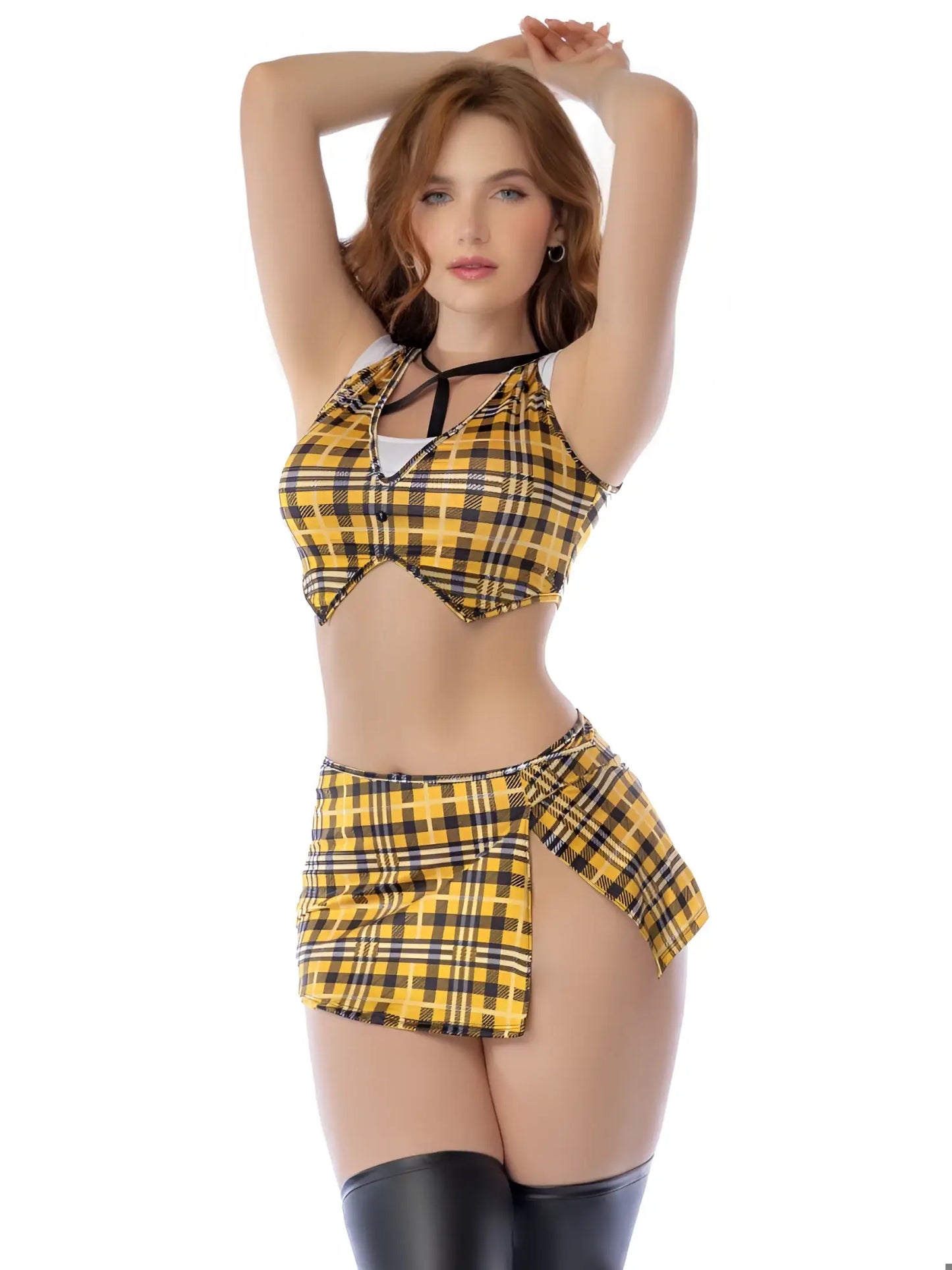 Yellow and black plaid two-piece school girl costume set by mapale with top and skirt in polyester blend material