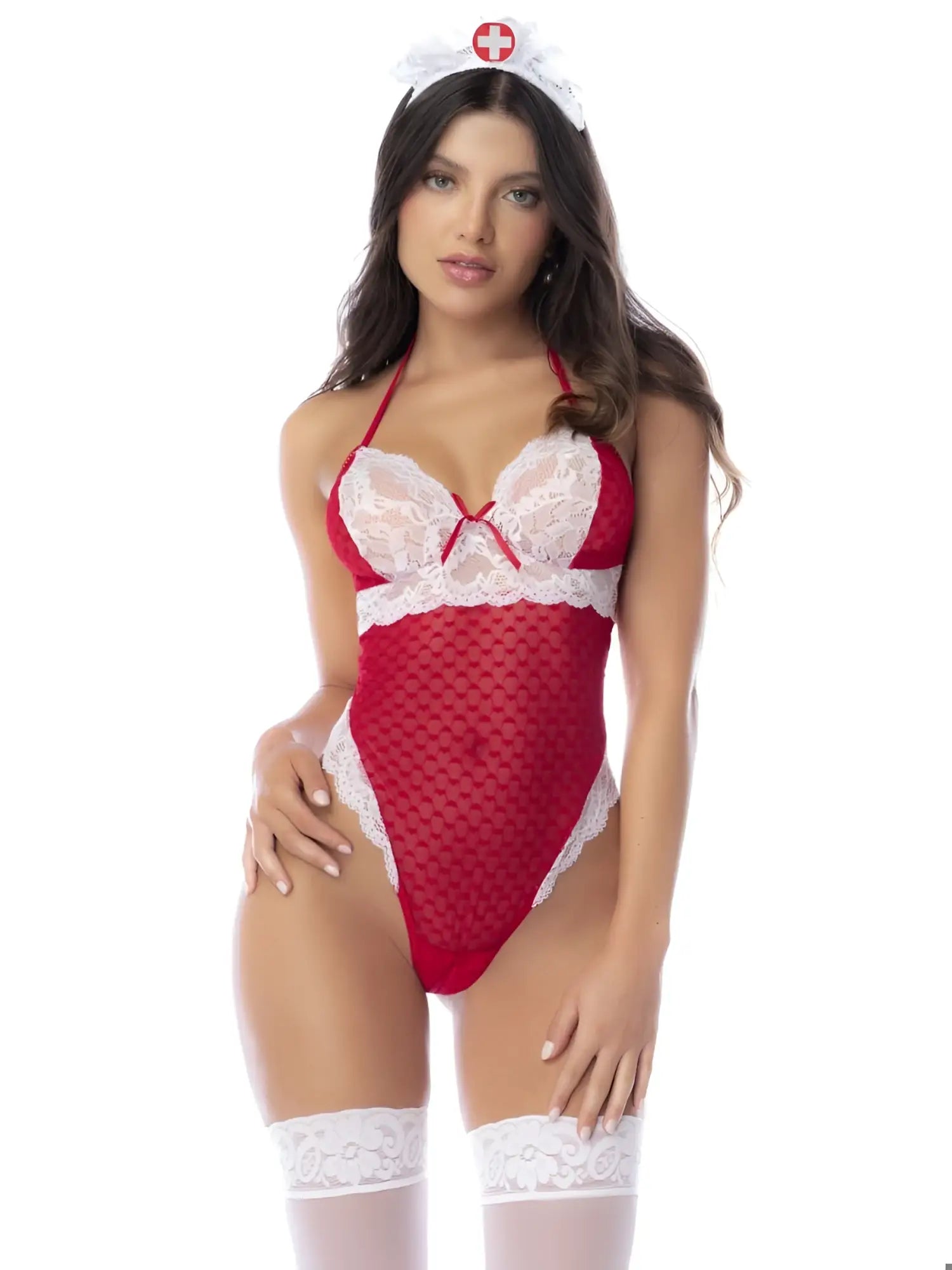 Red and white lace nurse-themed bodysuit with mesh panels by mapale for costume use