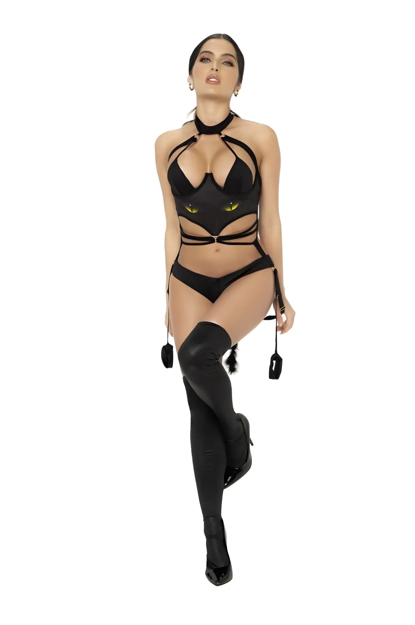 Black cat girl costume mapale 6471 with lace-up straps and glowing yellow eyes in black color