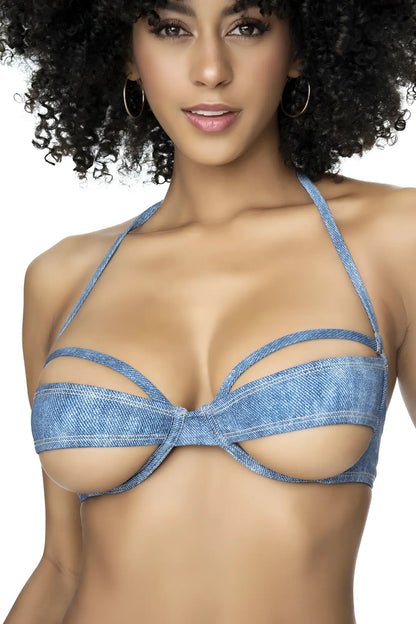 Blue chambray denim bikini top with cut-out design and halter straps from Mapale 67080 underwired swimsuit