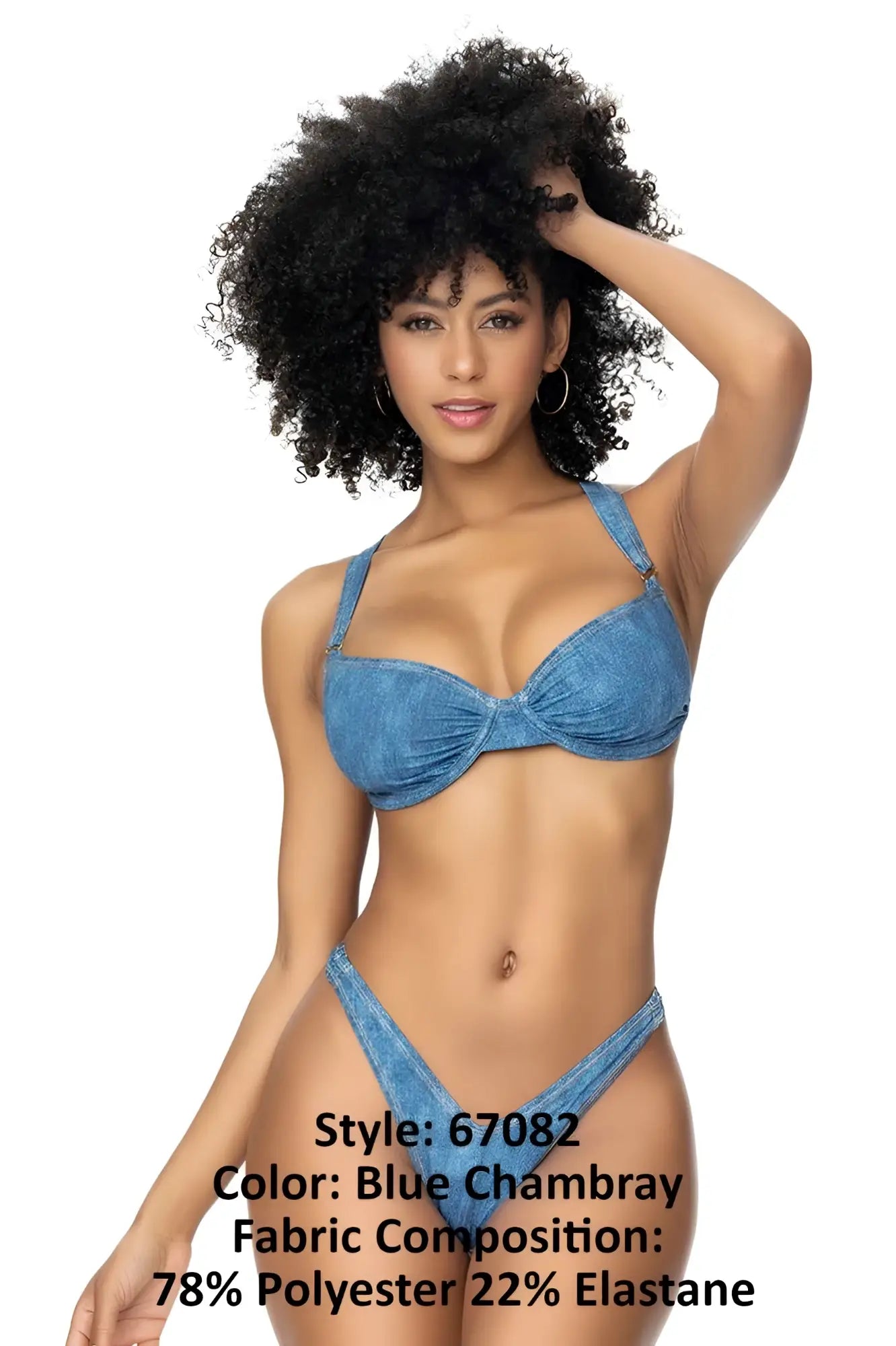 Blue chambray underwired two piece swimsuit by Mapale with bow detail on bikini top and matching bottoms