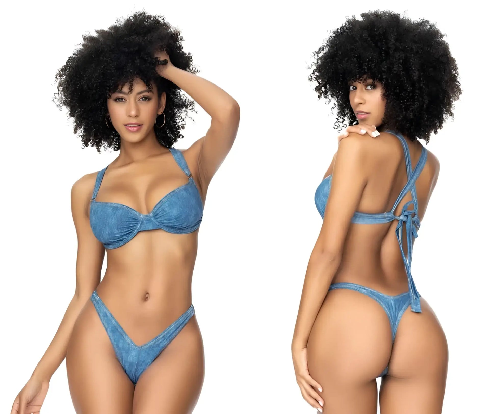 Blue chambray denim two piece bikini set by mapale with underwired bra top bow front and high-cut tied bottoms