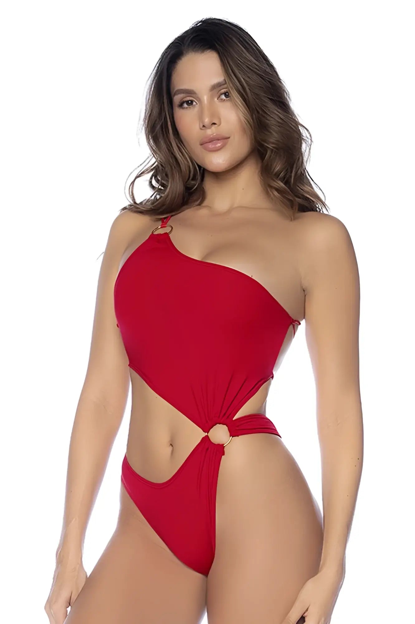 Mapale 67112 one piece swimsuit in vibrant red with one-shoulder cut-out design and waist knot detail