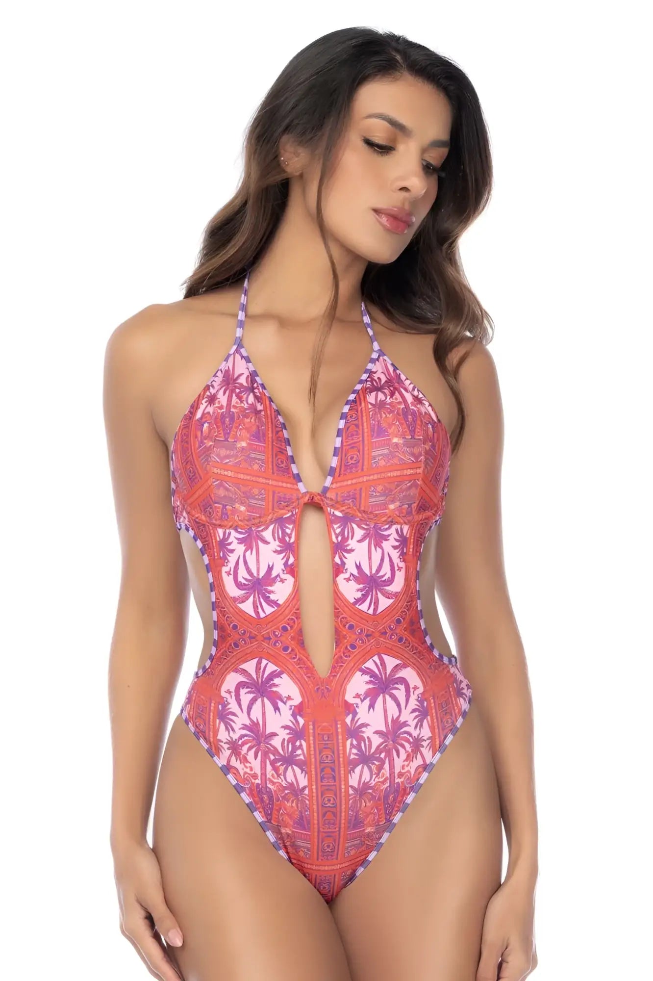 Mapale 67193 one piece swimsuit in desert mirage with coral purple palm pattern halter neckline and keyhole bust cutout