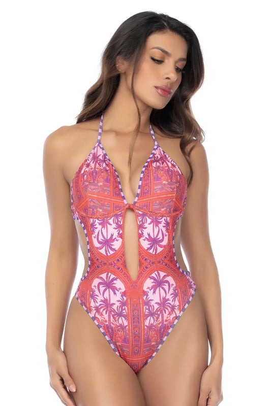 Mapale 67193 one piece swimsuit in coral and purple palm tree pattern with halter neckline and keyhole bust cutout