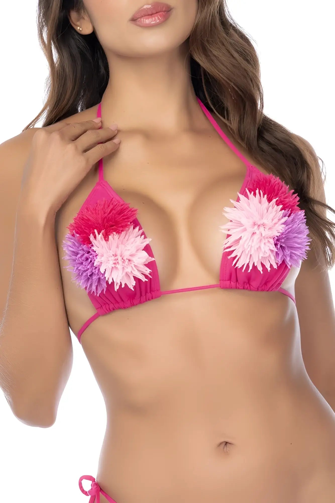 Mapale 67194 two piece swimsuit sweet dalia vibrant pink triangle bikini top with fluffy pink and purple pom-pom flowers