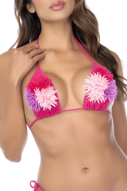 Mapale 67194 two piece swimsuit sweet dalia vibrant pink triangle bikini top with fluffy pink and purple pom-pom flowers