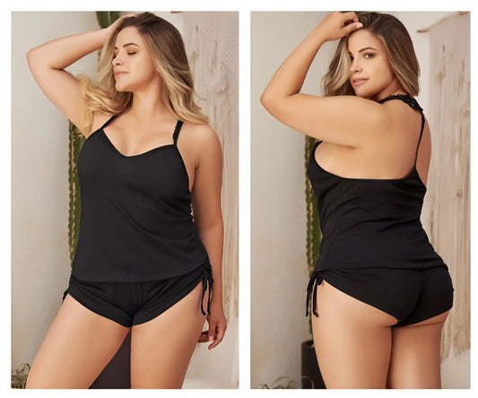 Black plus-size tank top and shorts set with lace trim details in Mapale 7095X two piece pajamas set
