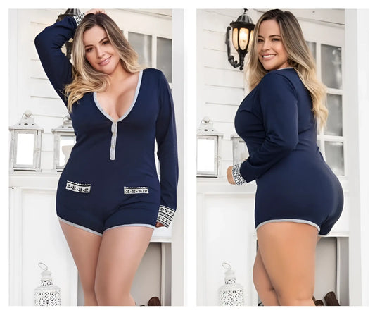 Navy blue long sleeve pajama romper with gray trim and white patterned pockets by Mapale 7233X