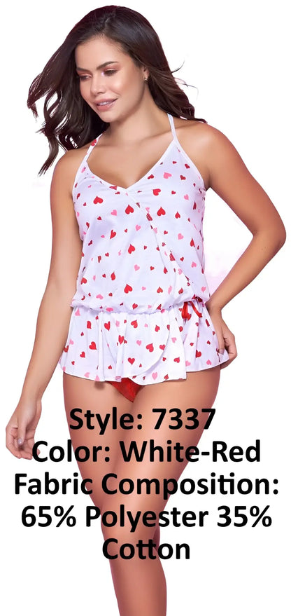 Mapale 7337 white and red two-piece swimsuit with heart pattern and ruffled hem featuring top and cheeky bottoms