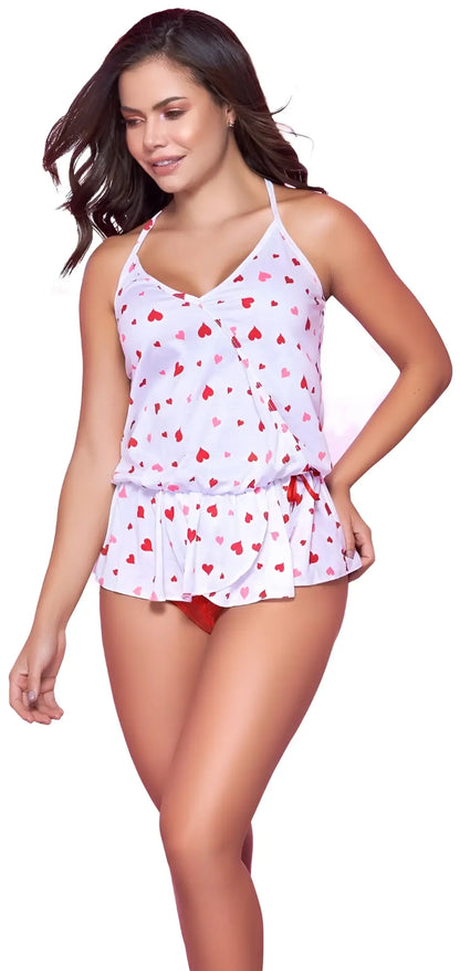 Mapale 7337 white tankini top with red heart patterns and ruffled hem paired with cheeky bottoms pajama set