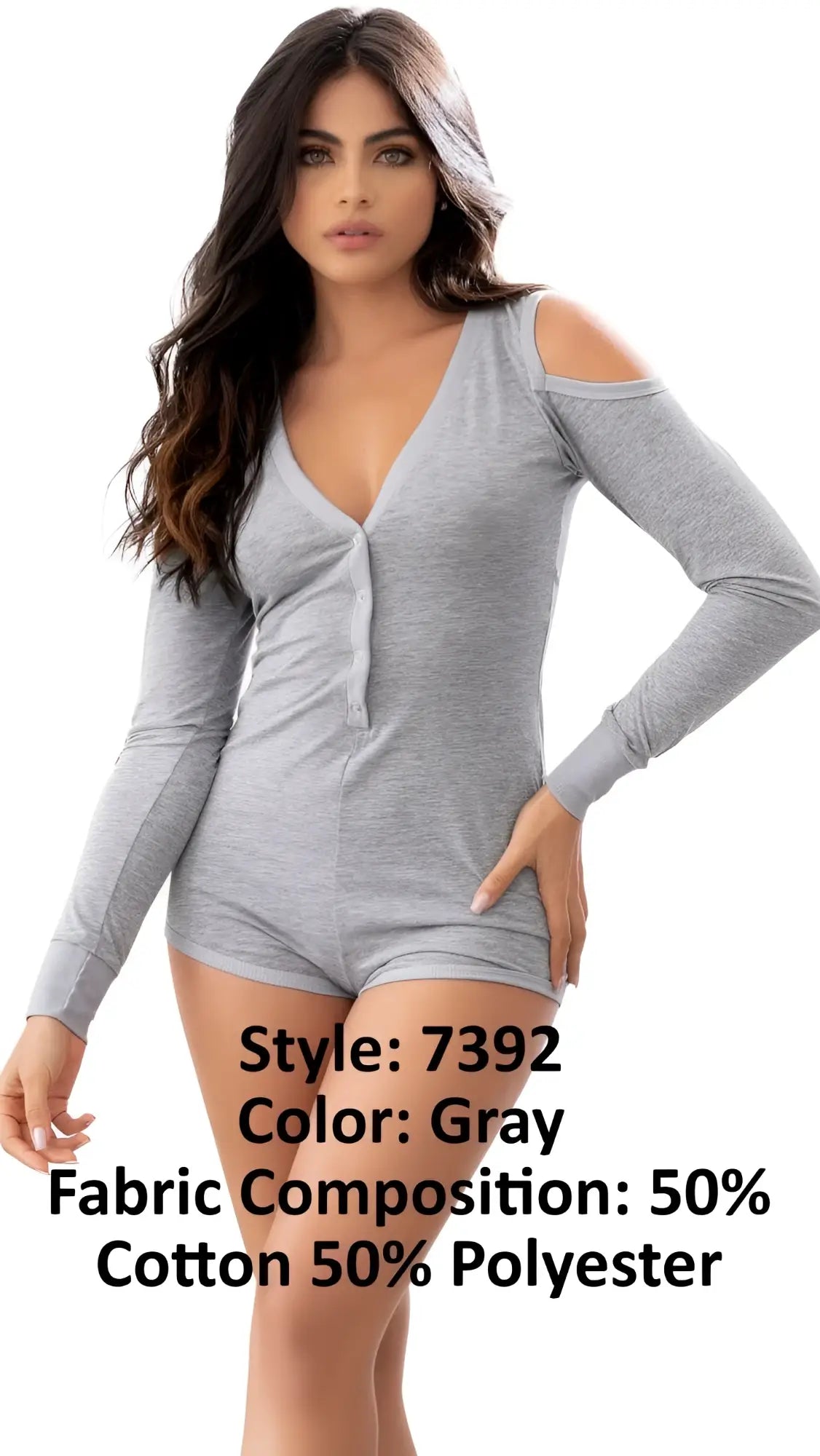 Gray mapale 7392 long sleeve sleep romper with v-neck and cold-shoulder cutout in soft fabric