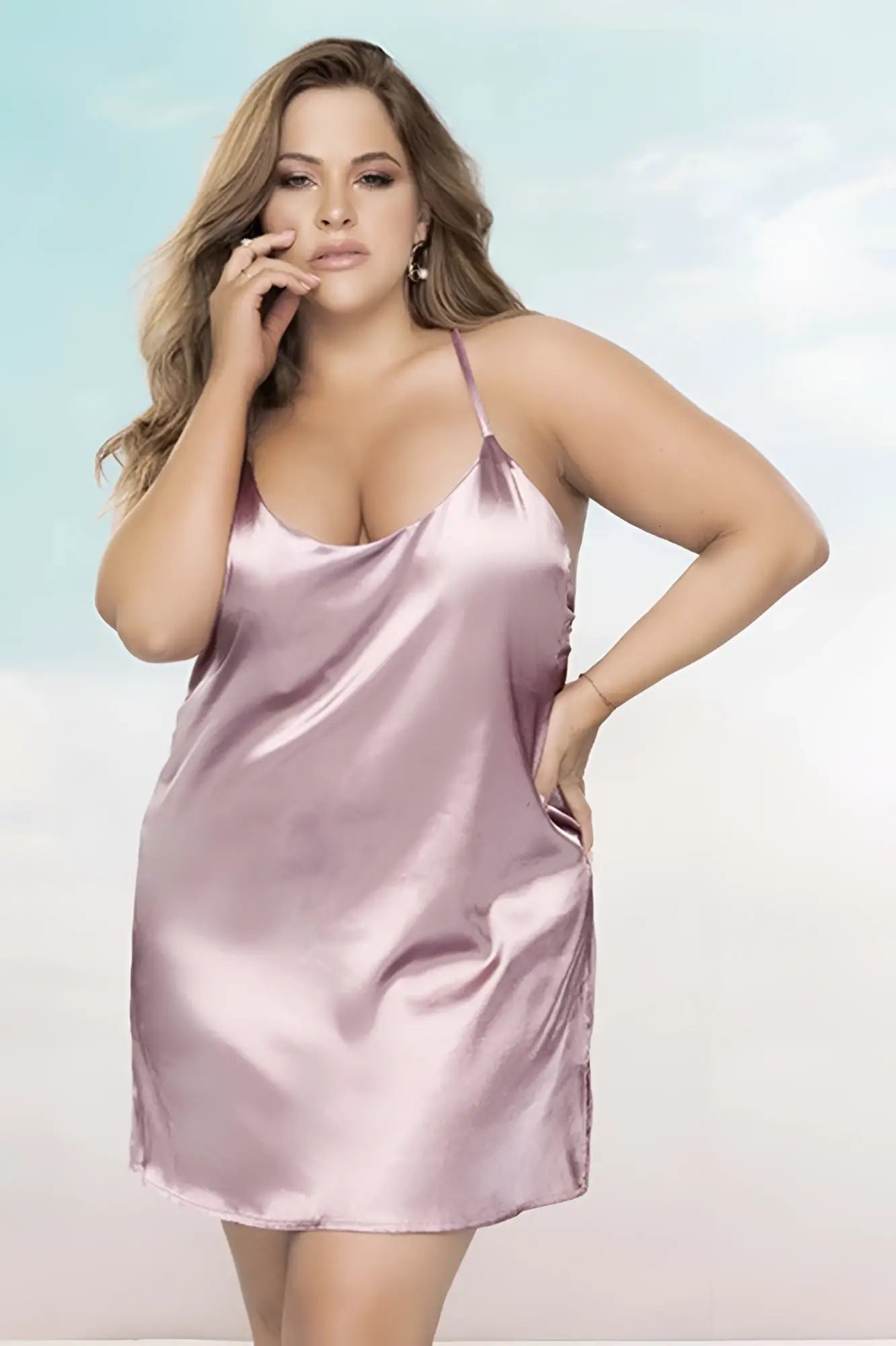 A soft lavender satin slip dress with delicate spaghetti straps and a loose fit by Mapale 7422X babydoll rosewood