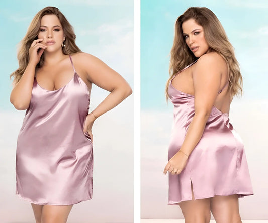 Soft pink satin slip dress with thin straps and back slit from mapale 7422x babydoll color rosewood shown from back