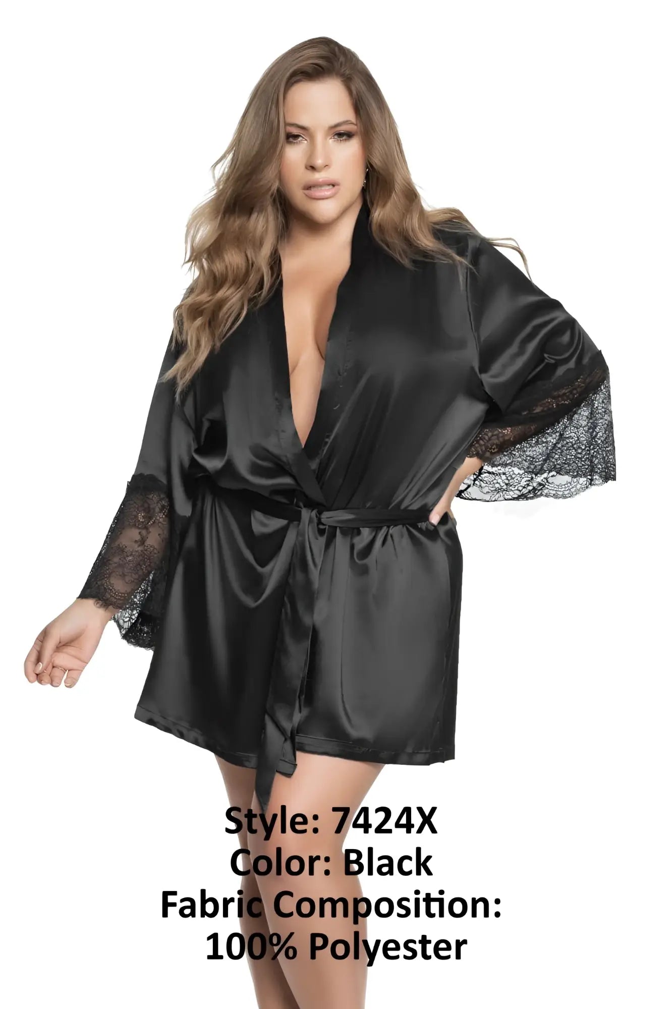 Black satin robe with lace trim on sleeves and hem from Mapale 7424X in black showing front view