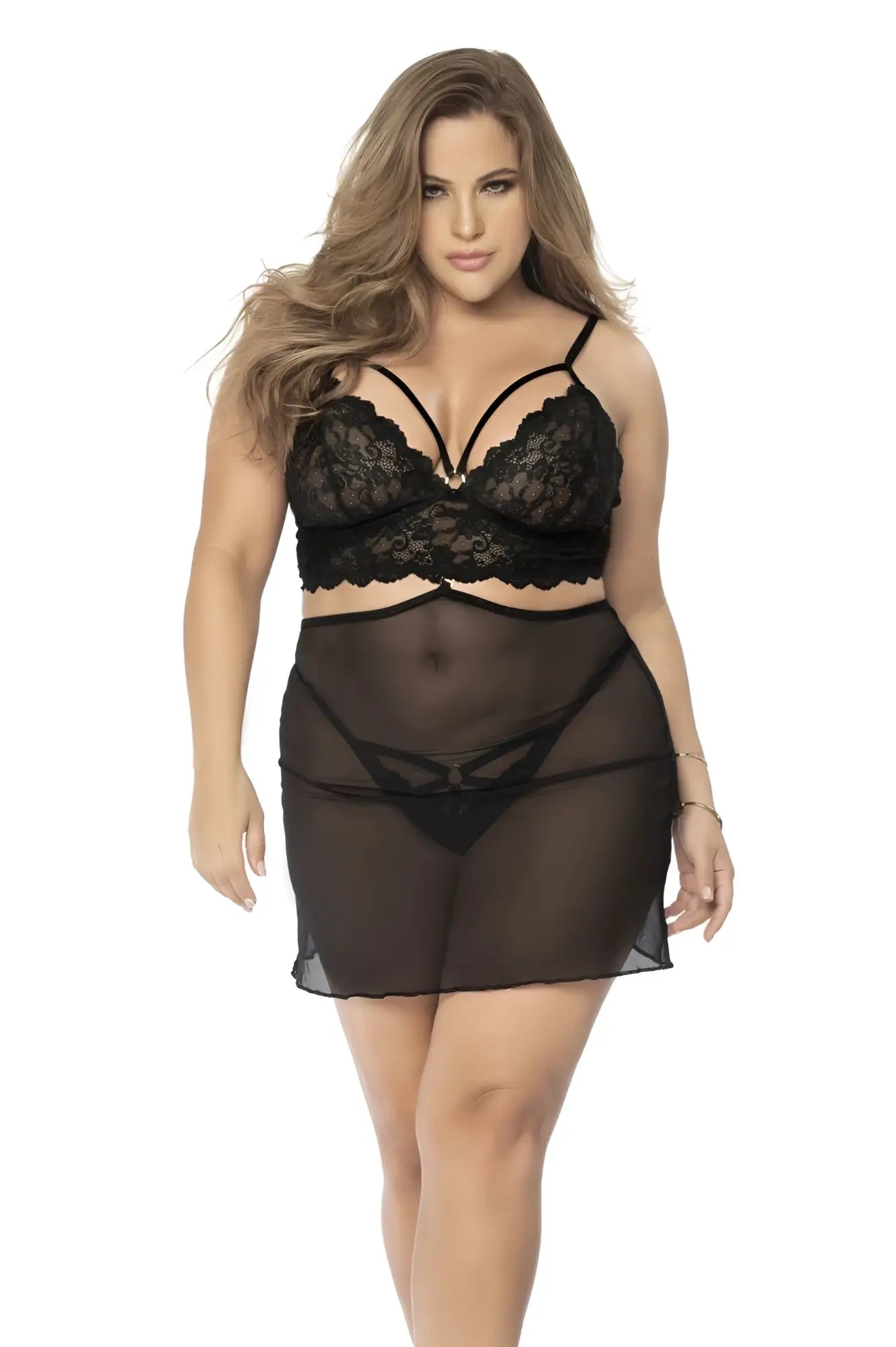 Black lace bra with intricate floral patterns and thin straps paired with matching sheer mesh skirt in mapale 7433x set