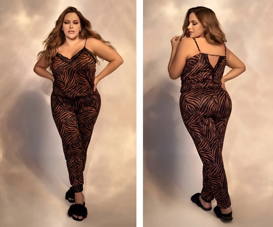 A plus-size woman models a brown and black zebra-print lace trim jumpsuit from mapale 7452x two piece pajama set