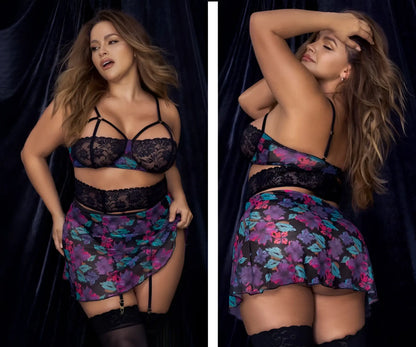 Mapale 7496x babydoll three piece set with black lace bra floral skirt and matching garter belt in dream flower print