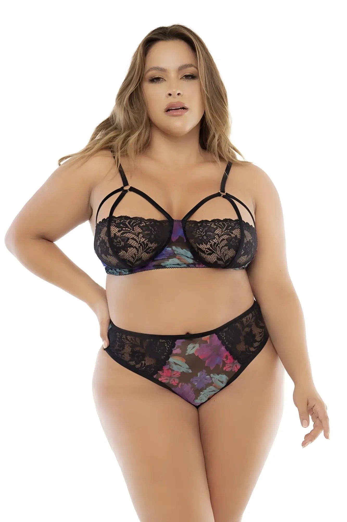Black lace bra with purple and teal floral pattern delicate straps and structured design from mapale 7496x babydoll set