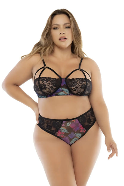 Black lace bra with purple and teal floral pattern delicate straps and structured design from mapale 7496x babydoll set