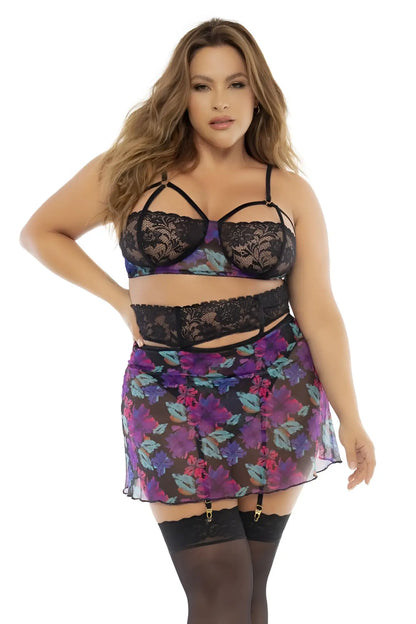 Black lace bra with floral patterned cups and matching garter belt from Mapale 7496X Dream Flower Print set