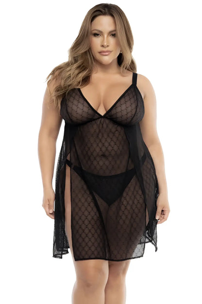 Mapale 7498X babydoll black sheer mesh nightgown with diamond pattern design and thin straps