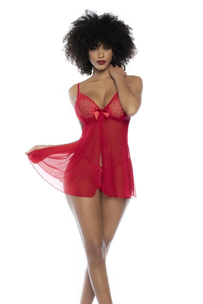 Red lace chemise babydoll by mapale 7501 with a bow neckline and sheer fabric in vibrant red color