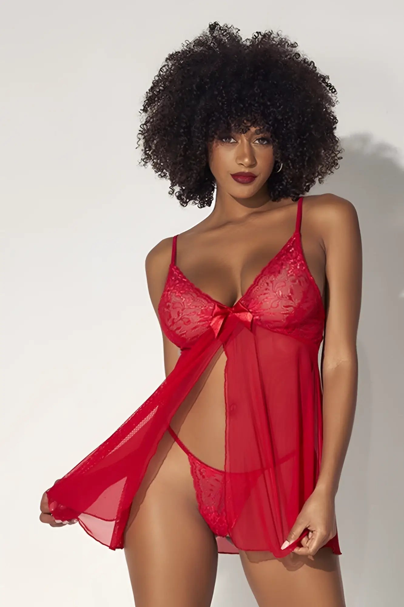Red lace Mapale 7501 babydoll lingerie set with sheer overlay and matching thong in red color