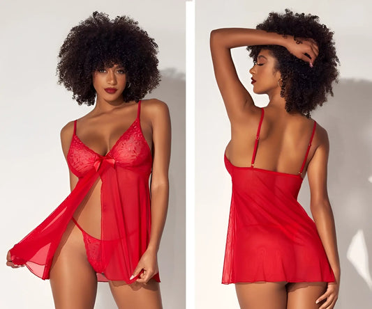 Red lace lingerie set with sheer overlay and matching thong in red from mapale 7501 babydoll collection