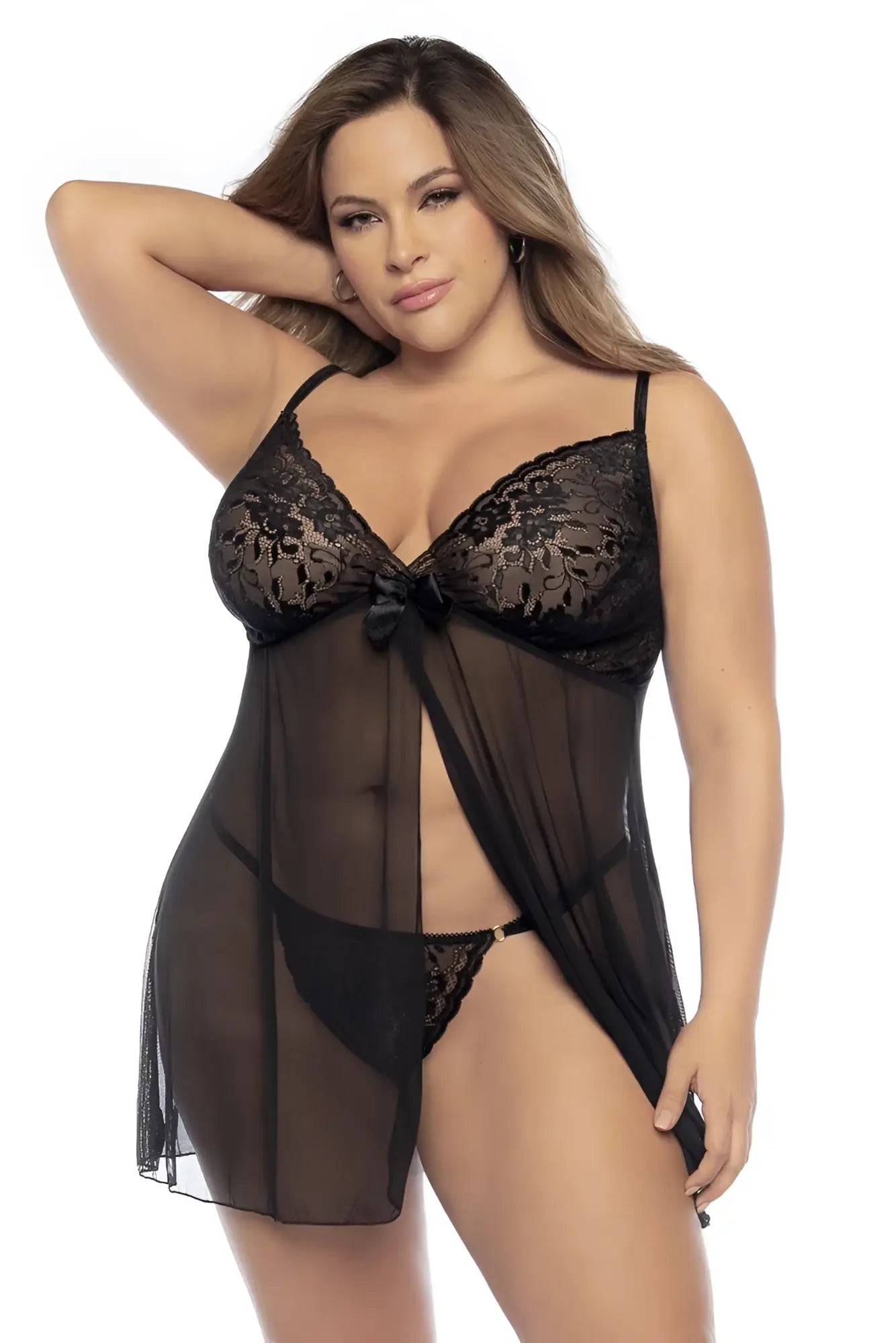 Black lace lingerie set mapale 7501x babydoll with sheer overlay and front bow in black