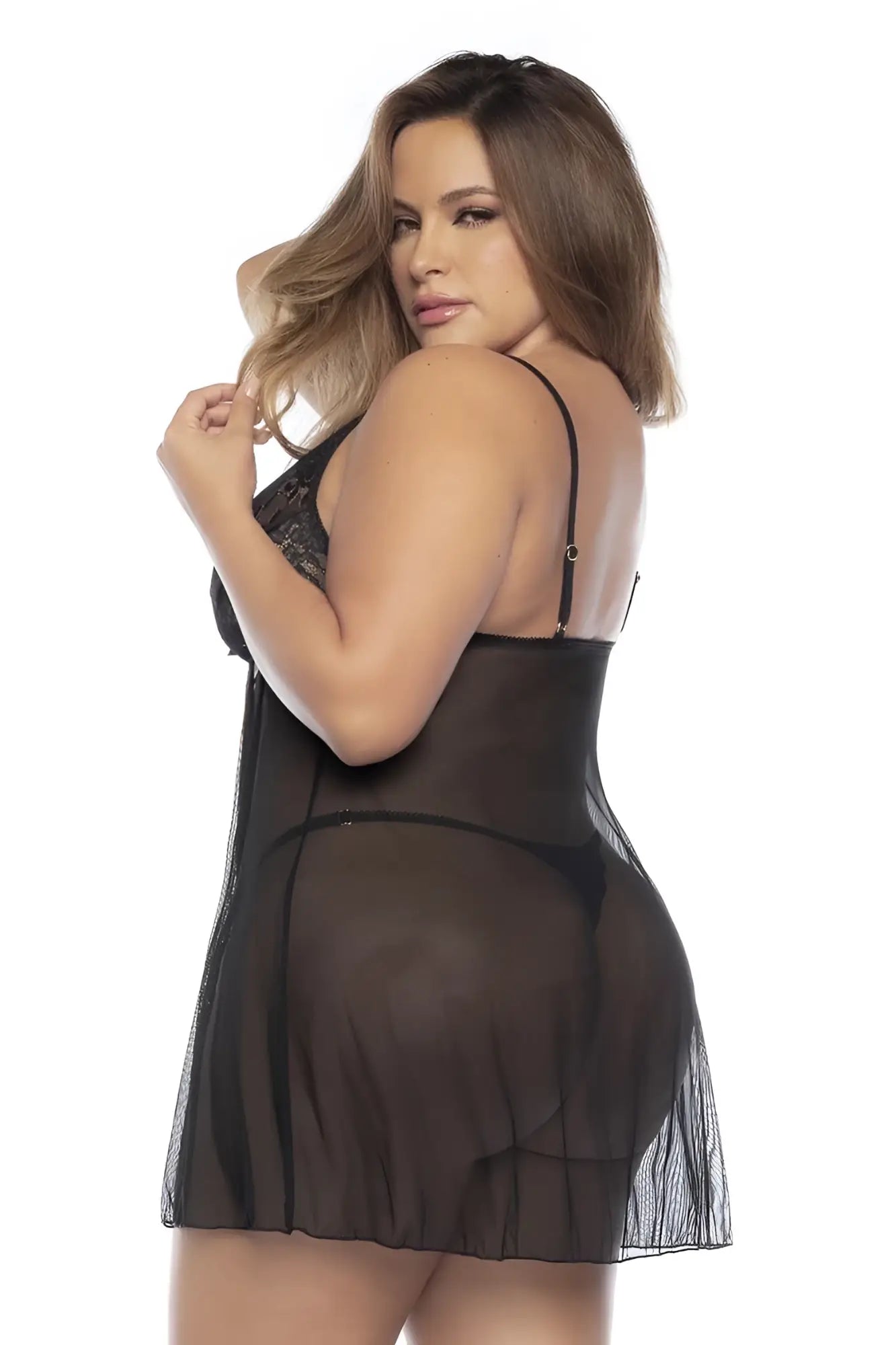 Black sheer mesh nightgown mapale 7501x babydoll with lace bodice and thin spaghetti straps