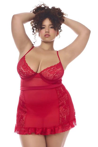 Red lace lingerie set with sheer mesh panels and ruffled hem mapale 7507x babydoll with matching g-string in red