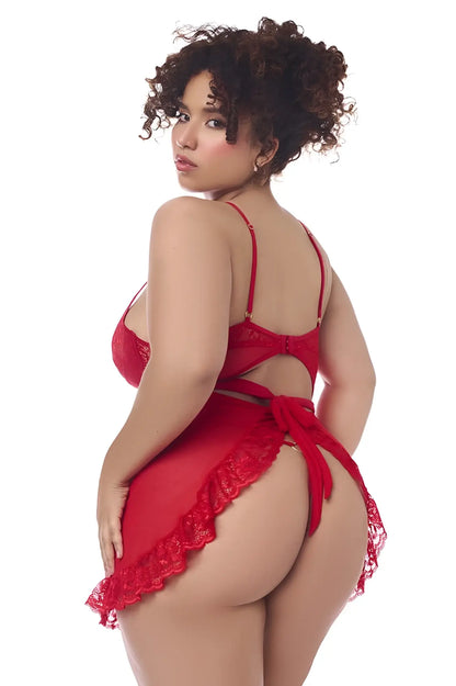 Red lace Mapale 7507X babydoll with thin straps tied-back design and matching G-string in red shown from the back