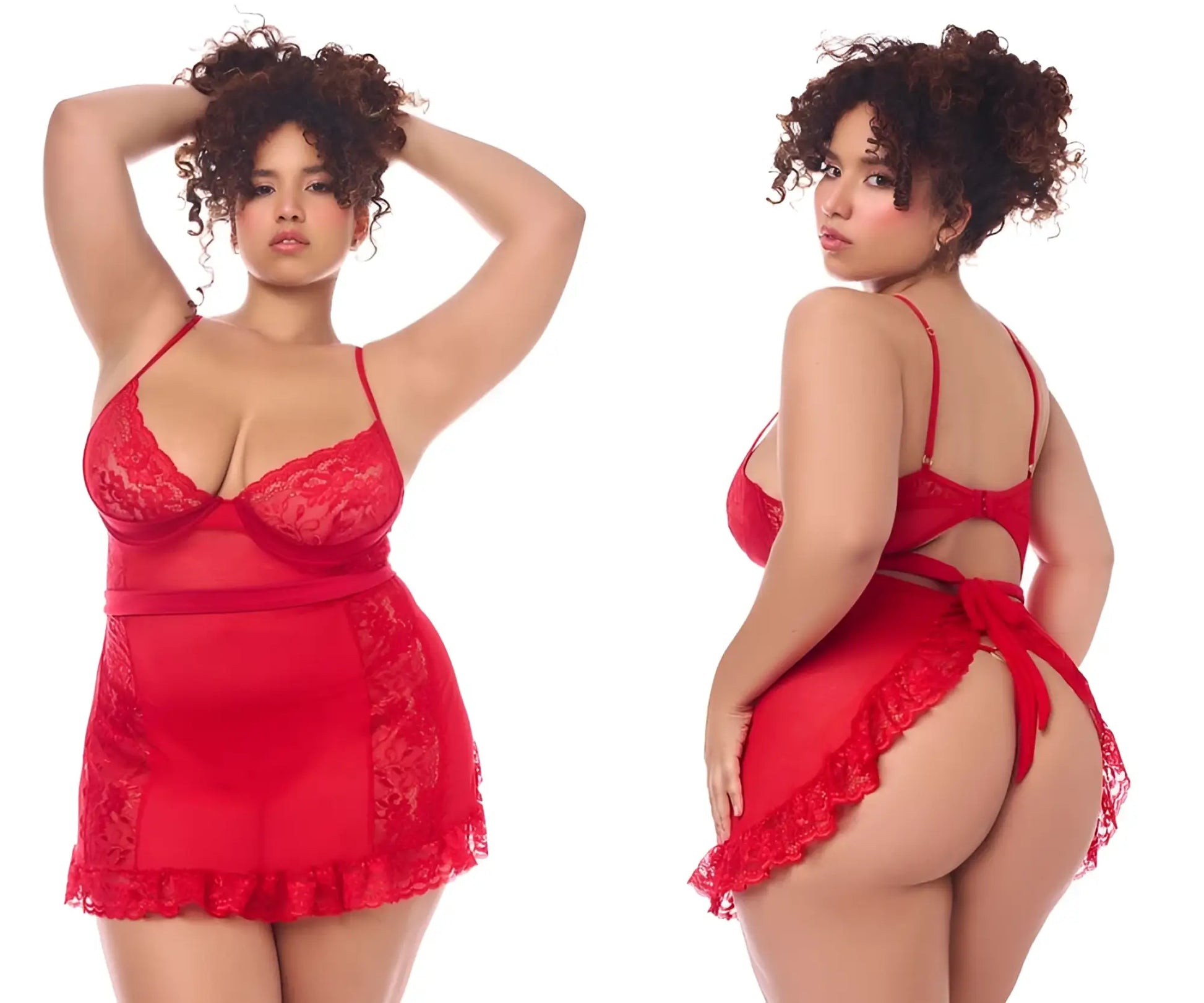 Red lace-trimmed mapale 7507X babydoll with sheer mesh panels and back tie shown from the back in red with matching G-string