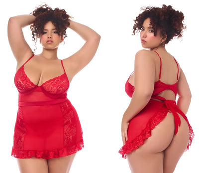 Red lace-trimmed mapale 7507X babydoll with sheer mesh panels and back tie shown from the back in red with matching G-string