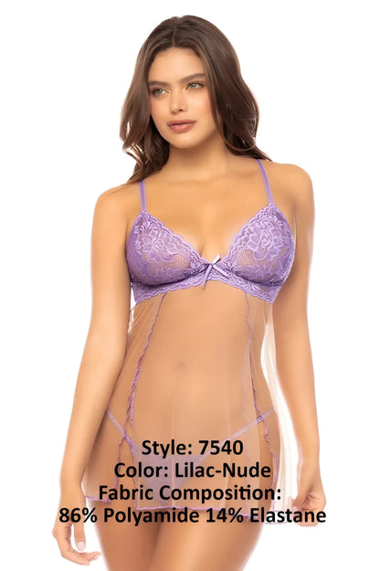 Lilac-nude lace lingerie set with delicate floral embroidery and sheer mesh panels from mapale 7540 verona babydoll