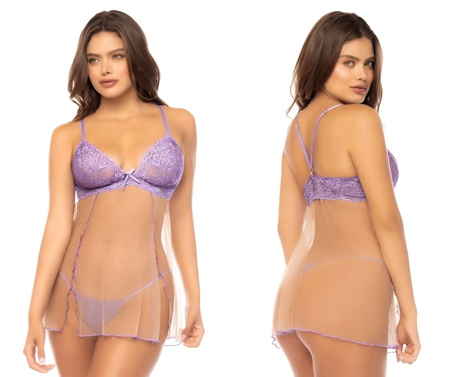 Mapale 7540 Verona babydoll lilac-nude lavender lace lingerie set with sheer mesh overlay and delicate straps